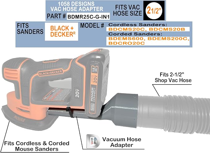 Shop Vacuum Hose Adapter compatible with Cordless BLACK+DECKER Mouse Detail Sander BDCMS20C BDCMS20B for Vac Dust Reducer