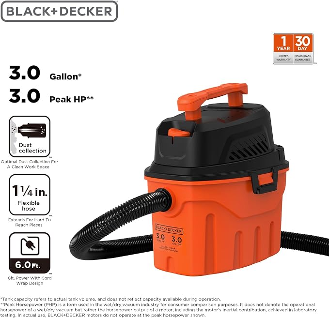 Shop Vacuum Wet and Dry, 3 Gallon 3.0 Peak HP, 3-in-1 Portable Corded with Accessories, Vacuum Cleaner for Home, Pet