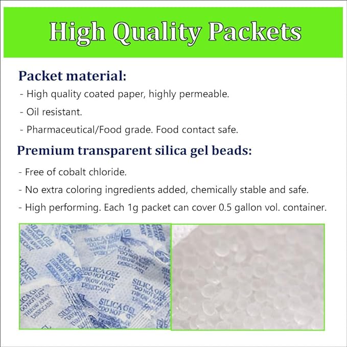 Silica Gel Desiccant Packs 1 Gram 100 Packets Moisture Absorbers Dehumidifier Oil Resistant Food Pharmaceutical Contact Safe