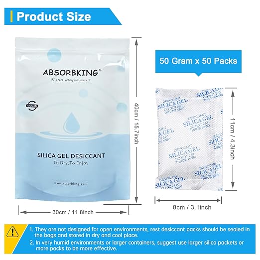 Silica Gel Packets – 50 Gram 50 Packs Moisture Absorbers, Desiccant Packs for Storage, Food Safe Desiccant for Foods, Seeds
