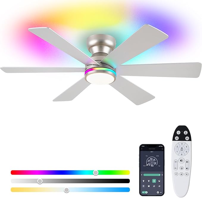 Silver RGB Ceiling Fan with Light and Remote/APP Control - 46" Flush Mount Low Profile Fan Light, 6 Speeds 3CCT and