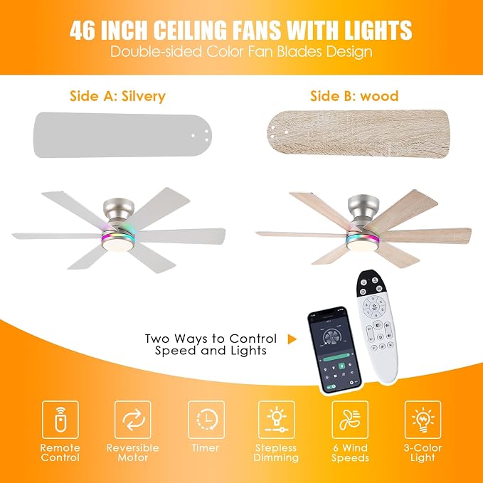 Silver RGB Ceiling Fan with Light and Remote/APP Control - 46" Flush Mount Low Profile Fan Light, 6 Speeds 3CCT and