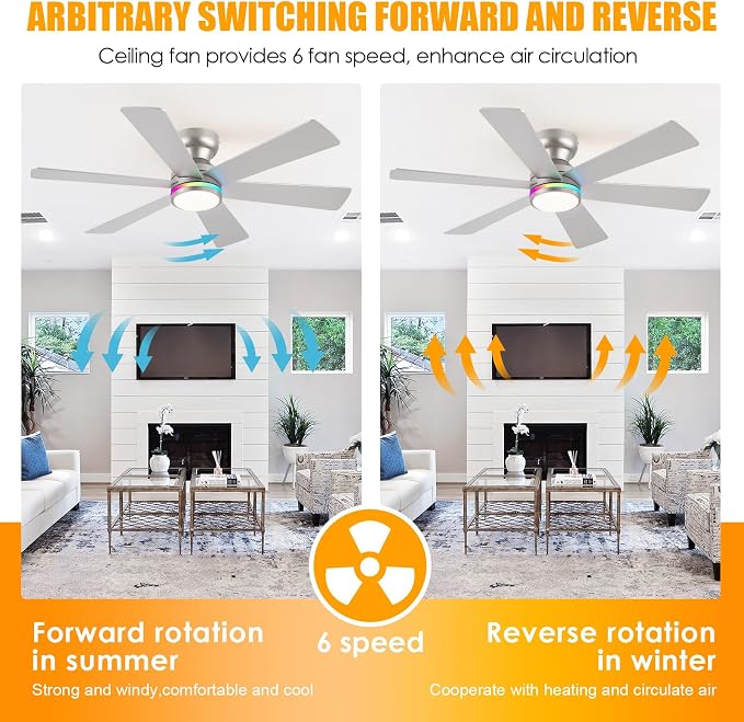 Silver RGB Ceiling Fan with Light and Remote/APP Control - 46" Flush Mount Low Profile Fan Light, 6 Speeds 3CCT and