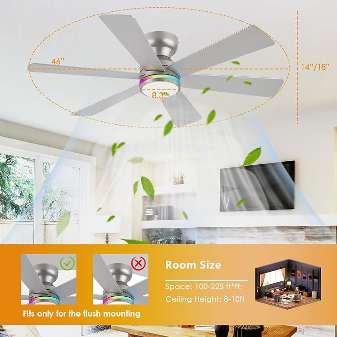 Silver RGB Ceiling Fan with Light and Remote/APP Control - 46" Flush Mount Low Profile Fan Light, 6 Speeds 3CCT and