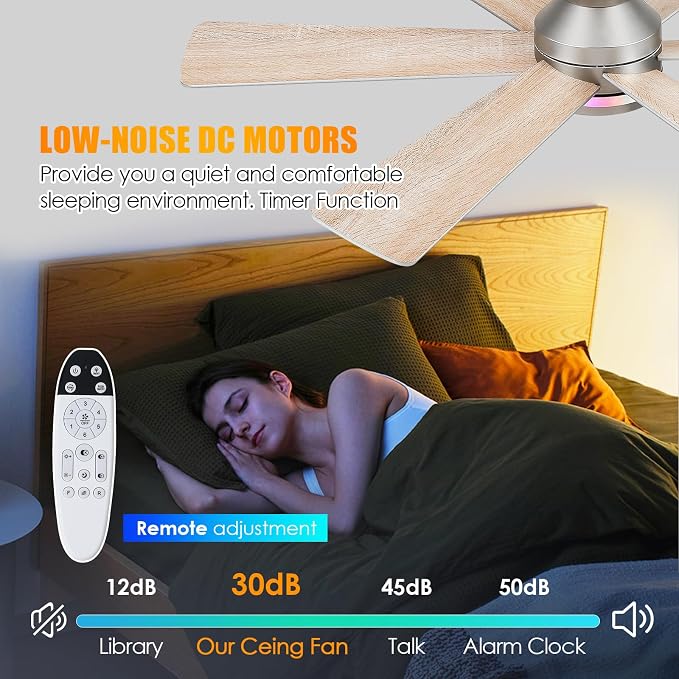 Silver RGB Ceiling Fan with Light and Remote/APP Control - 46" Flush Mount Low Profile Fan Light, 6 Speeds 3CCT and