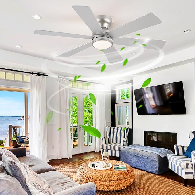 Silver RGB Ceiling Fan with Light and Remote/APP Control - 46" Flush Mount Low Profile Fan Light, 6 Speeds 3CCT and