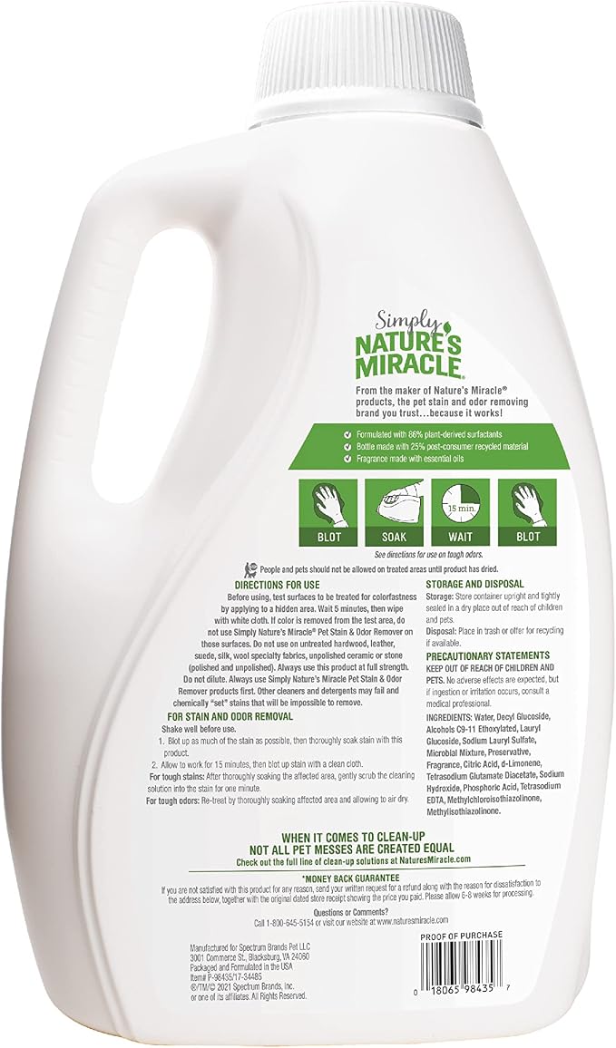 Simply Pet Stain and Odor Remover, 128 Ounce, Made with 86% Plant-Derived Surfactants, Multicolor, alternate product view 2