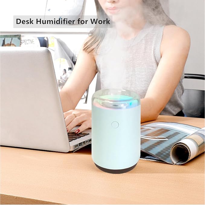 Sky Blue Portable Mini Humidifier - 255ml, Nano Cool Mist Spray, 40ml/h, 2 Light Modes, Quiet Personal Ultrasonic Humidifier