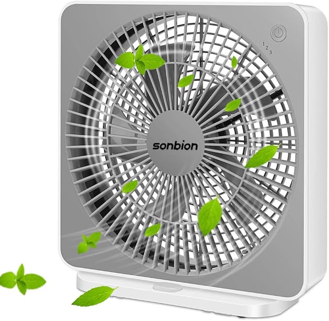 Small Box Fan, 10 inch Window Fan with 3 Speeds Strong Airflow, DC Adapter Square Table Fan for Bedroom Living Room Office