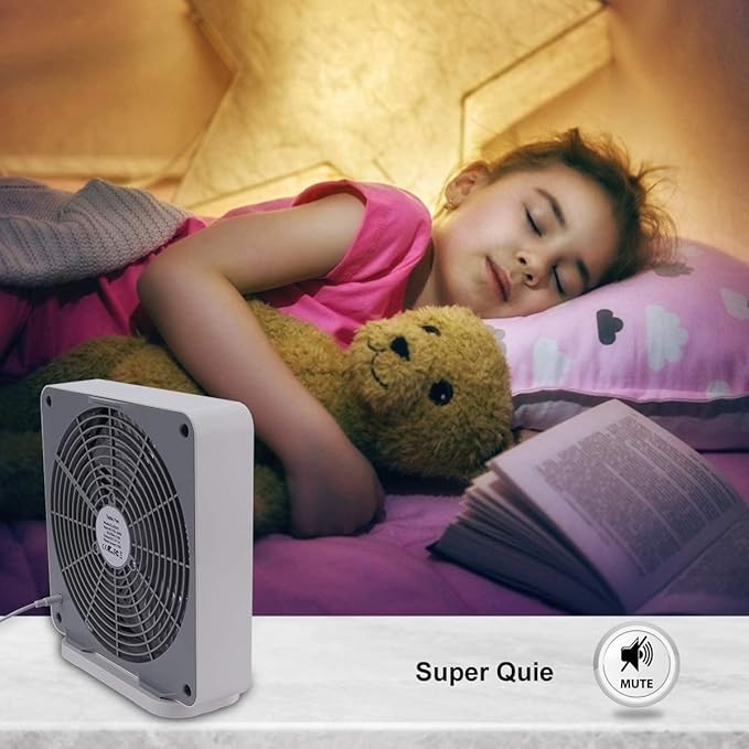 Small Box Fan, 10 inch Window Fan with 3 Speeds Strong Airflow, DC Adapter Square Table Fan for Bedroom Living Room Office
