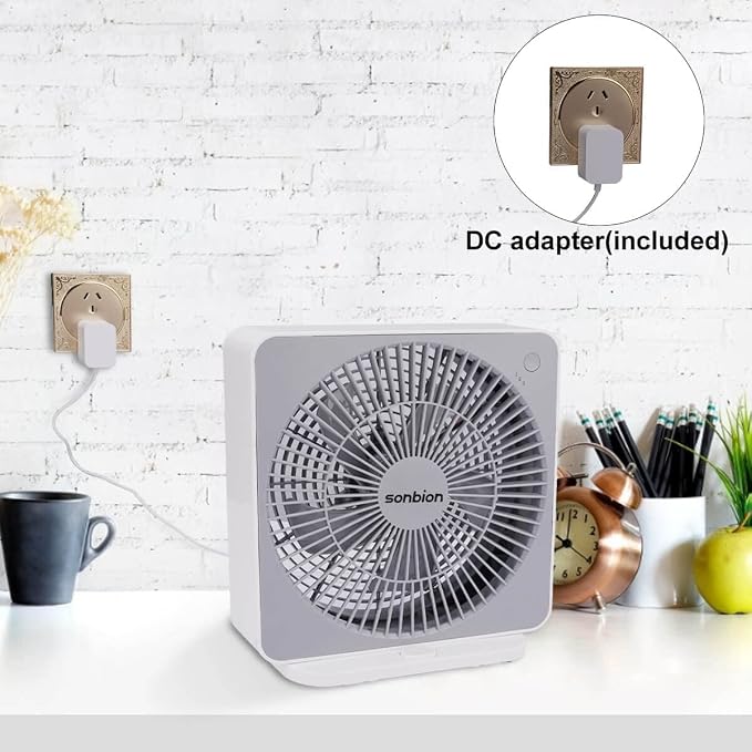 Small Box Fan, 10 inch Window Fan with 3 Speeds Strong Airflow, DC Adapter Square Table Fan for Bedroom Living Room Office