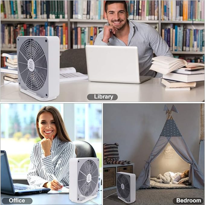 Small Box Fan, 10 inch Window Fan with 3 Speeds Strong Airflow, DC Adapter Square Table Fan for Bedroom Living Room Office