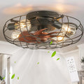 Small Caged Ceiling Fan with Light, Farmhouse Rustic Flush Mount Ceiling Fans with Lights and Remote, Bladeless Low Profile