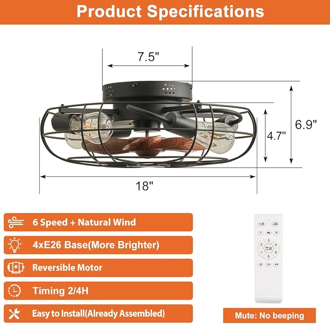 Small Caged Ceiling Fan with Light, Farmhouse Rustic Flush Mount Ceiling Fans with Lights and Remote, Bladeless Low Profile
