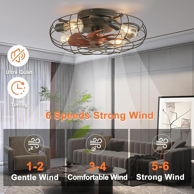 Small Caged Ceiling Fan with Light, Farmhouse Rustic Flush Mount Ceiling Fans with Lights and Remote, Bladeless Low Profile