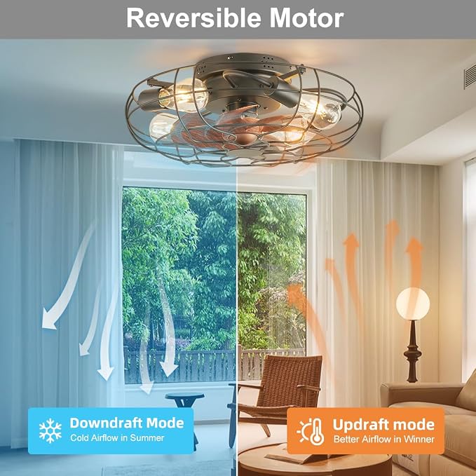 Small Caged Ceiling Fan with Light, Farmhouse Rustic Flush Mount Ceiling Fans with Lights and Remote, Bladeless Low Profile