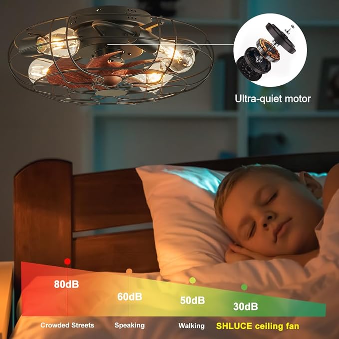 Small Caged Ceiling Fan with Light, Farmhouse Rustic Flush Mount Ceiling Fans with Lights and Remote, Bladeless Low Profile