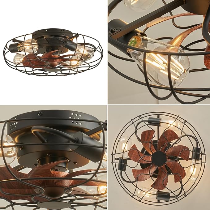 Small Caged Ceiling Fan with Light, Farmhouse Rustic Flush Mount Ceiling Fans with Lights and Remote, Bladeless Low Profile