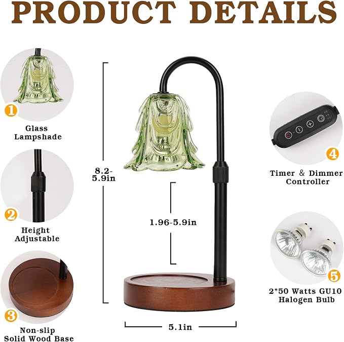 Small Candle Warmer Lamp with Timer, Adjustable Green Lamp Warmer for Jar Candles, Unique Women Gifts for Birthday, Dimmable