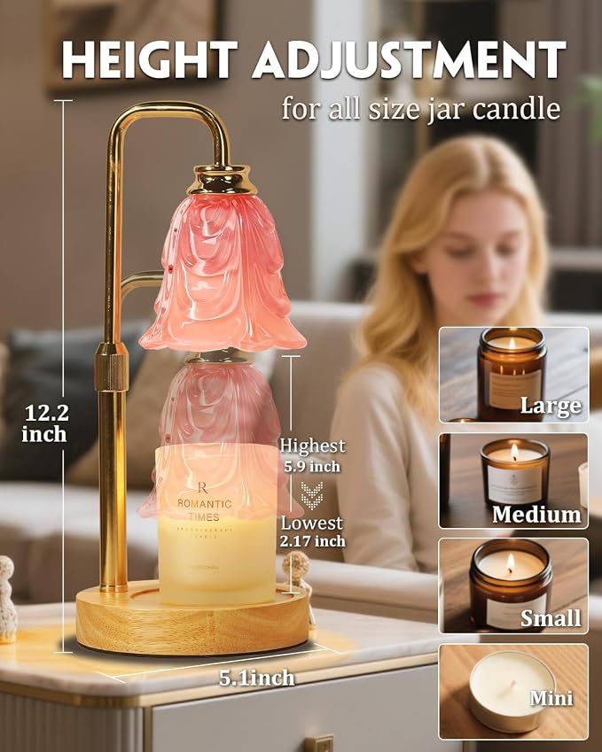Small Candle Warmer Lamp with Timer, Adjustable Pink Flower Candle Heat Lamp, Unique Women's Gifts for Birthday, Dimmable