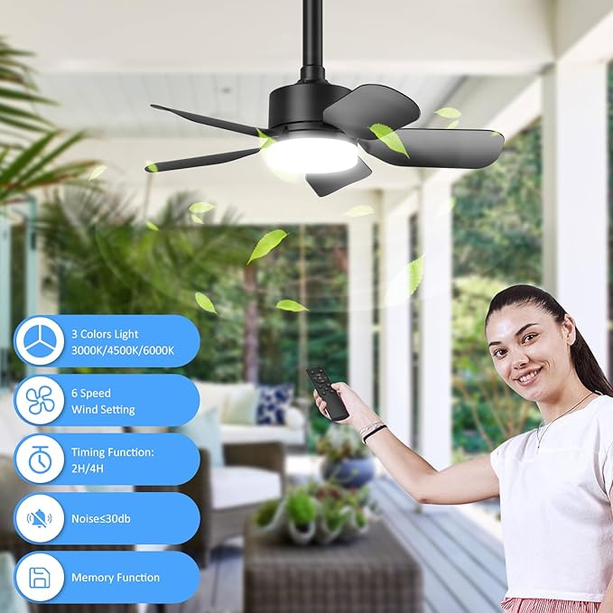 Small Ceiling Fan with Light & Remote, 20" 30W 2000 Lumens 3 Colors 3000K-6500K 6-Speed Outdoor Fans for Patios,Gazebos and