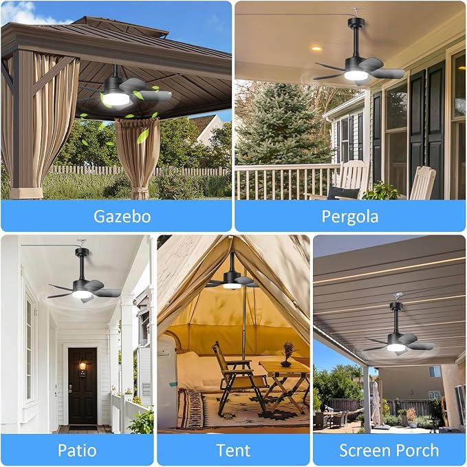 Small Ceiling Fan with Light & Remote, 20" 30W 2000 Lumens 3 Colors 3000K-6500K 6-Speed Outdoor Fans for Patios,Gazebos and