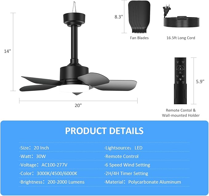 Small Ceiling Fan with Light & Remote, 20" 30W 2000 Lumens 3 Colors 3000K-6500K 6-Speed Outdoor Fans for Patios,Gazebos and