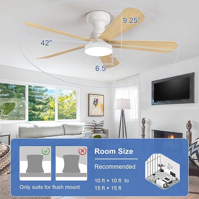 Small Ceiling Fan with Lights: 42-Inch Flush Mount Fan with Light and Remote - Low Profile Ceiling Fans Reversible Quiet DC
