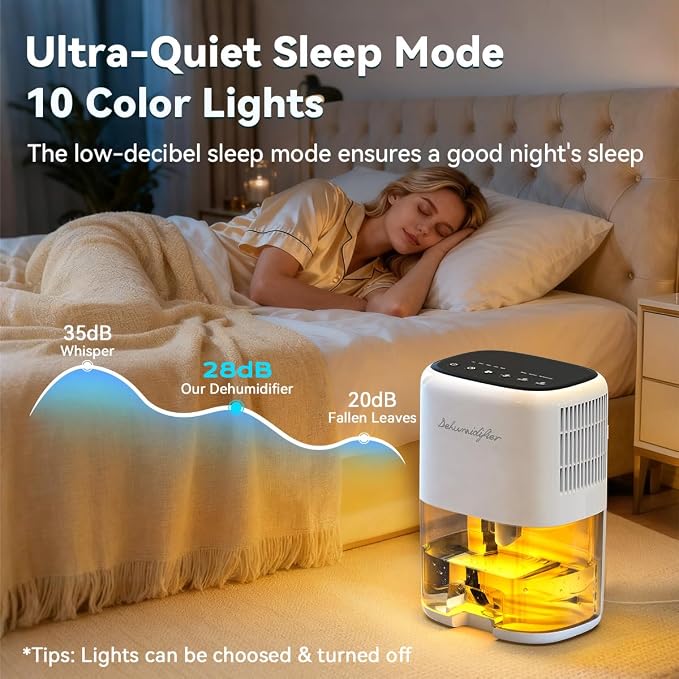Small Dehumidifier for Home 44OZ Quiet with Auto Off & Defrost 5 Timers 3 modes 10 Color Lights 3 Brightness 260 Sq.ft
