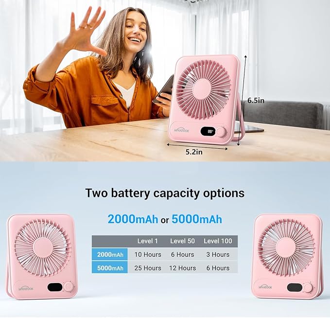 Small Desk Fan Personal Fans: 5000mah 25 Hours Battery Office Quiet Mini Desktop Fan Portable Rechargeable Travel Essentials