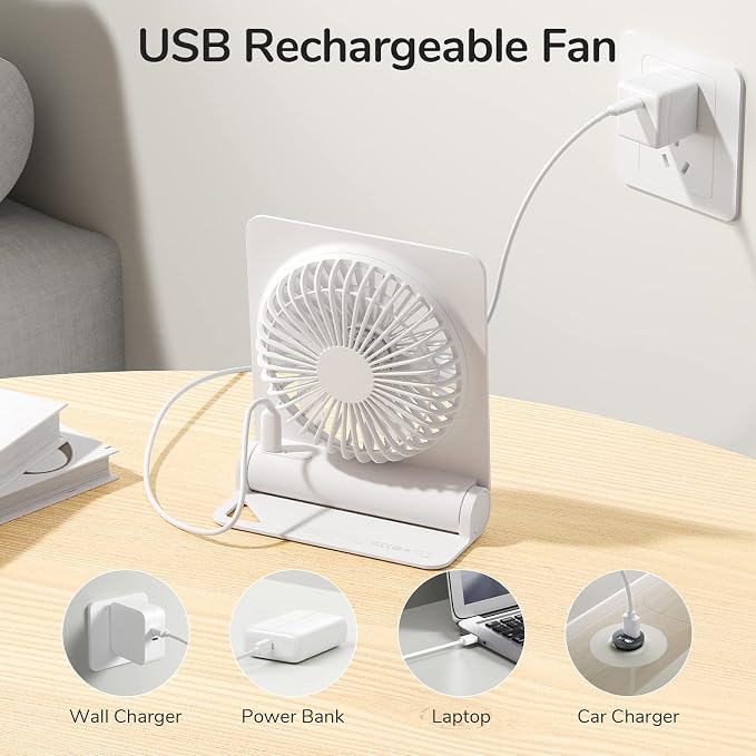 Small Desk Fan, Portable Travel with 4500mAh Battery, USB Rechargeable Folding Design for Flexibility, Strong Quiet Wind with