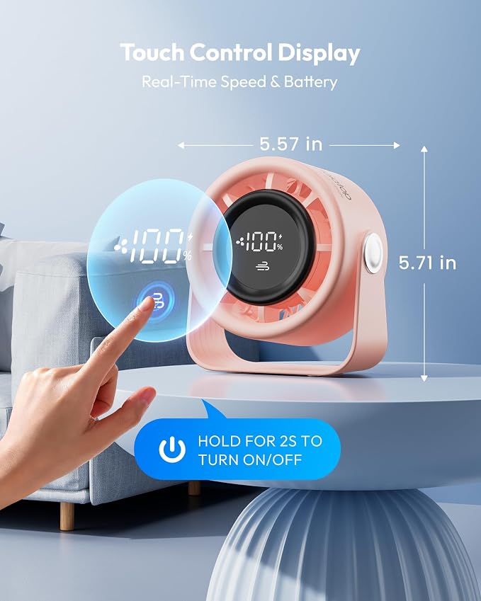 Small Desk Fan Rechargeable, Quiet Personal Table Fan, Touch Control Display, 360° Tilt, 5-Speed Strong Wind, 4000mAh