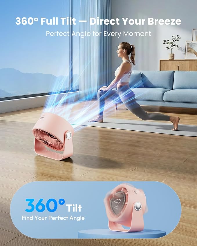 Small Desk Fan Rechargeable, Quiet Personal Table Fan, Touch Control Display, 360° Tilt, 5-Speed Strong Wind, 4000mAh