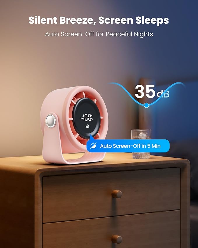 Small Desk Fan Rechargeable, Quiet Personal Table Fan, Touch Control Display, 360° Tilt, 5-Speed Strong Wind, 4000mAh