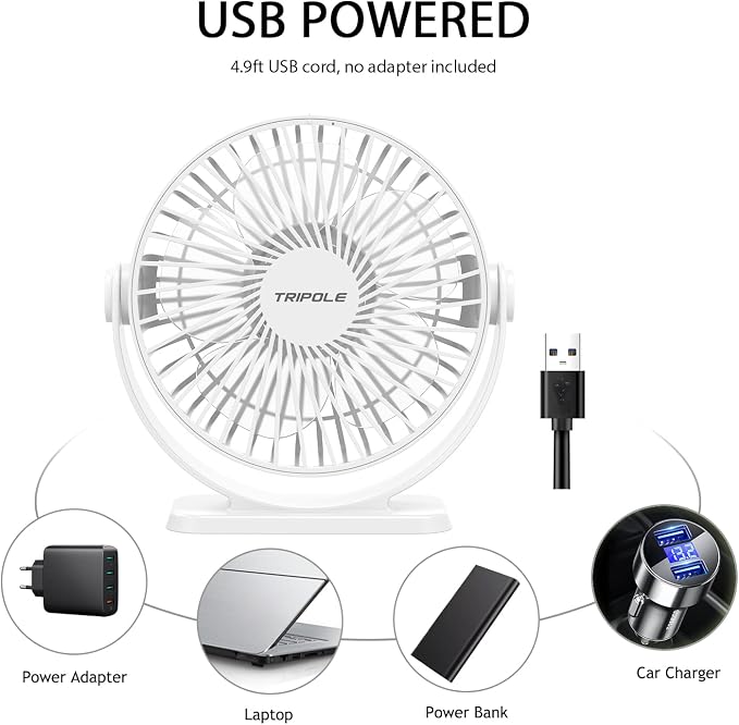 Small Desk Fan USB Powered Personal Fan 3 Speeds Strong Airflow Mini Fans 360°Rotation Portable 5.1 Inch Table Fans for Home