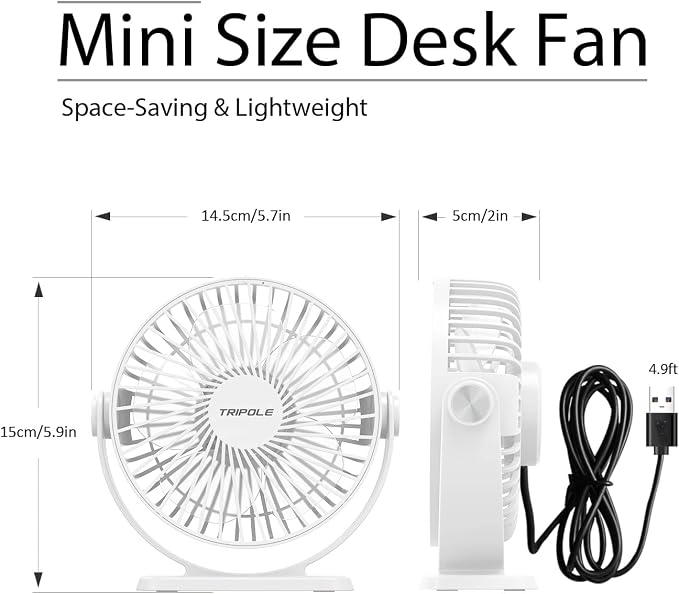Small Desk Fan USB Powered Personal Fan 3 Speeds Strong Airflow Mini Fans 360°Rotation Portable 5.1 Inch Table Fans for Home