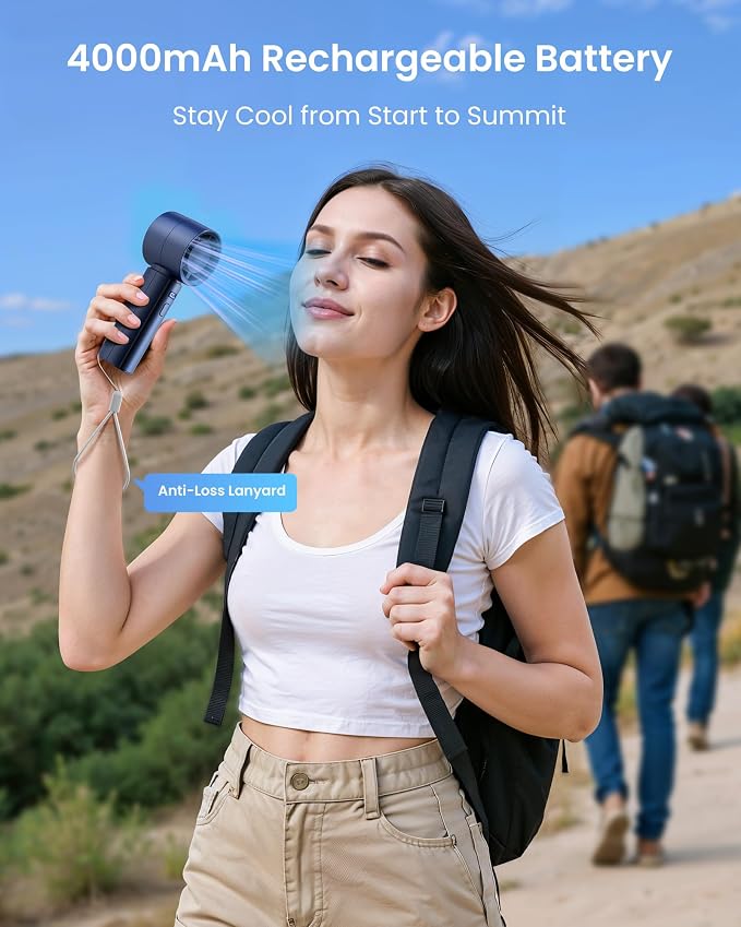Small Handheld Fan Portable, Powerful High Speed Turbo Cooling, 4000mAh USB Rechargeable Battery Operated Mini Personal Fan