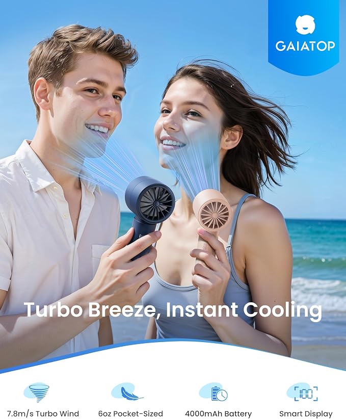 Small Handheld Personal Fan, Powerful High Speed Turbo Cooling, 4000mAh USB Rechargeable Battery Powered Mini Portable Fan