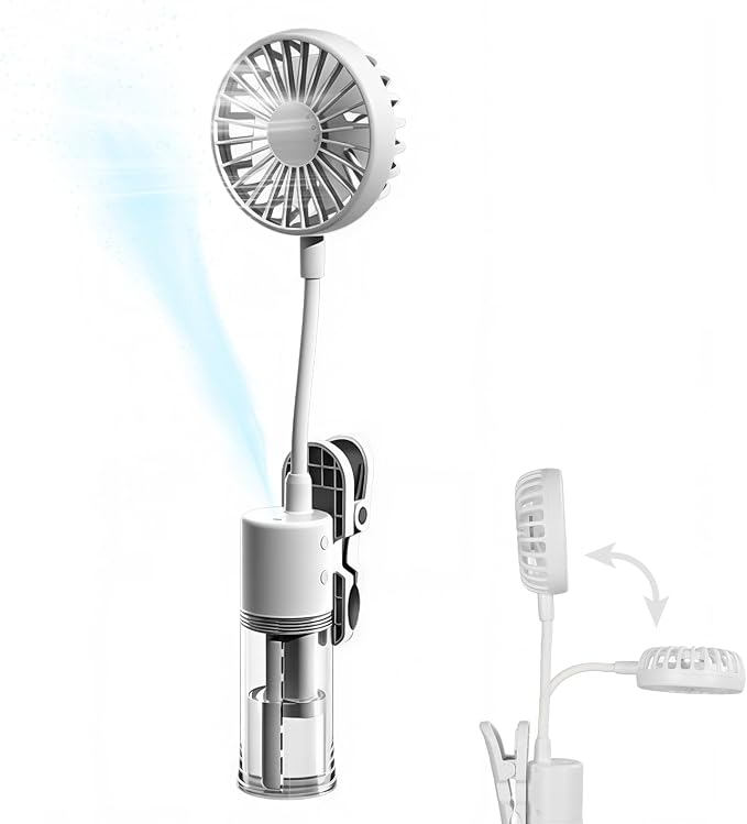 Small Personal Mist Fan with Water Spray Cooling, with a built-in clip, fan head is fully flexible, Rechargeable