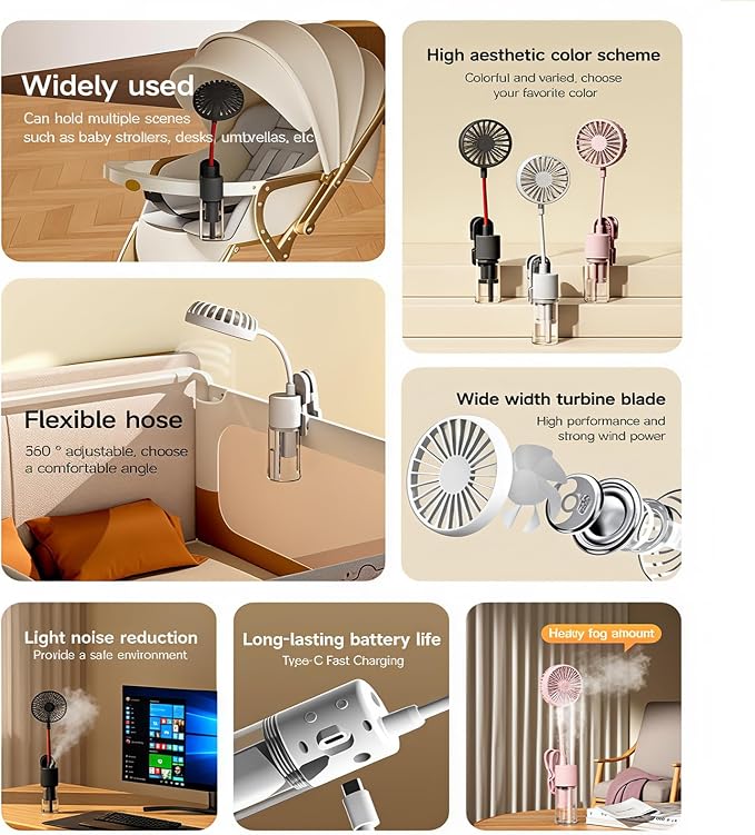 Small Personal Mist Fan with Water Spray Cooling, with a built-in clip, fan head is fully flexible, Rechargeable, alternate