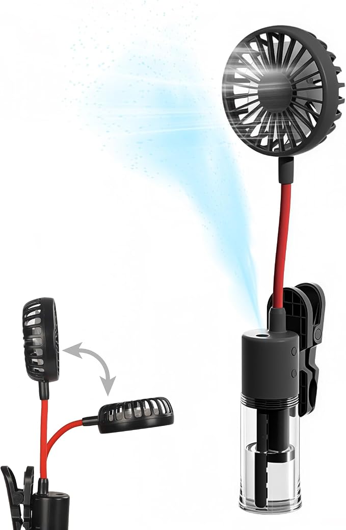 Small Personal Mist Fan with Water Spray Cooling, with a built-in clip, fan head is fully flexible, Rechargeable