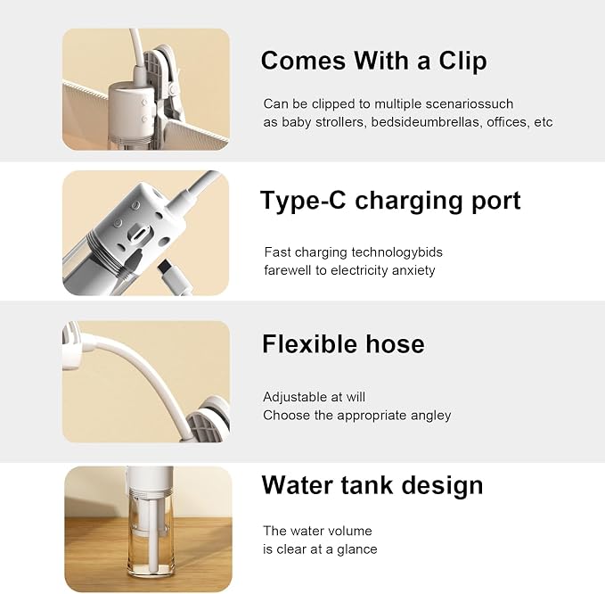 Small Personal Mist Fan with Water Spray Cooling, with a built-in clip, fan head is fully flexible, Rechargeable, alternate