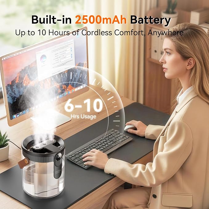 Small Portable Humidifiers for Bedroom, 1.4L Top Fill Cool Mist Humidifier for Home Office Travel, 3 Mist Modes, Auto Shut