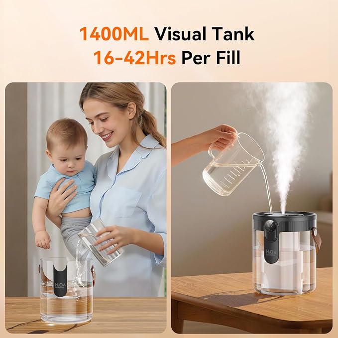 Small Portable Humidifiers for Bedroom, 1.4L Top Fill Cool Mist Humidifier for Home Office Travel, 3 Mist Modes, Auto Shut