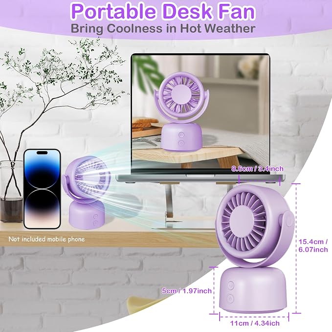 Small Quiet Desktop Fan, 3 Speeds Oscillating Fan with Auto 90° Rotate & Manual 120° Tilt Head, 0.72 Lb USB-C Corded Powered