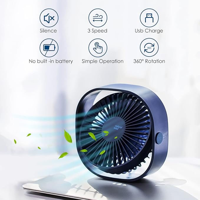 Small USB Fan Small Quiet Portable USB Powered ONLY (No Battery), Cooling 3 Speed Setting 360° Adjustable Swivel Desktop
