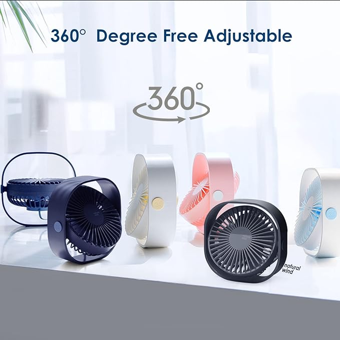 Small USB Fan Small Quiet Portable USB Powered ONLY (No Battery), Cooling 3 Speed Setting 360° Adjustable Swivel Desktop