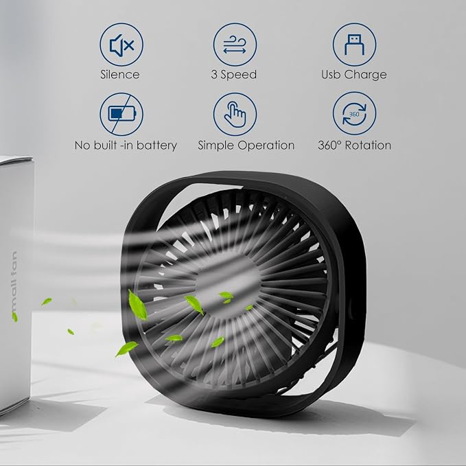 Small USB Fan Small Quiet Portable USB Powered ONLY (No Battery), Cooling 3 Speed Setting 360° Adjustable Swivel Desktop