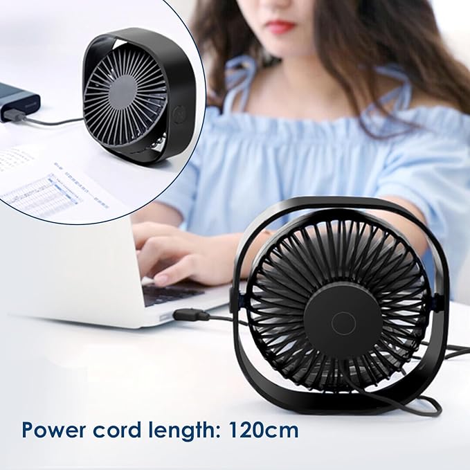 Small USB Fan Small Quiet Portable USB Powered ONLY (No Battery), Cooling 3 Speed Setting 360° Adjustable Swivel Desktop