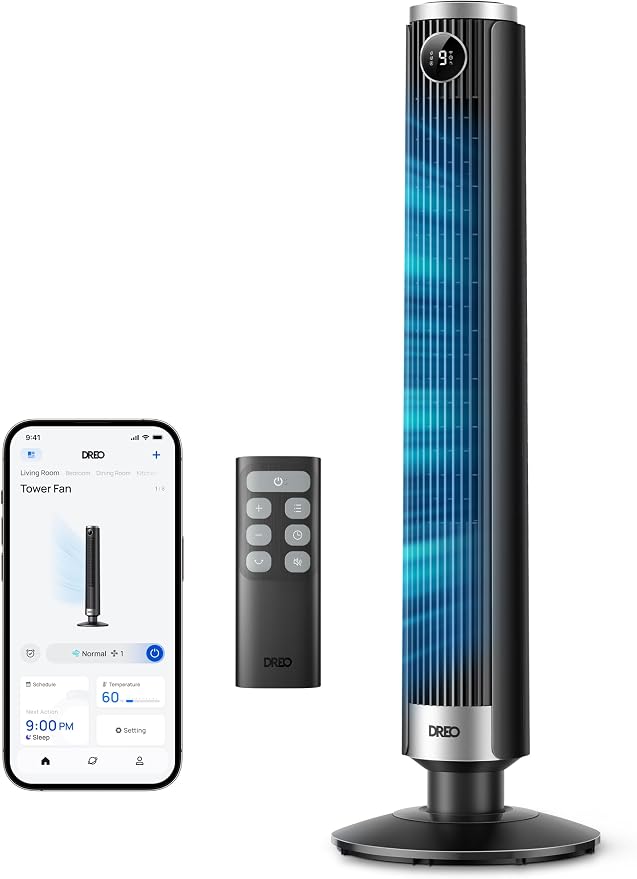 Smart 40”-45” Tower Fan for Bedroom, Adjustable Height, 28 ft/s Velocity, DC Motor, 9 Speeds, 4 Modes, 90°Oscillating